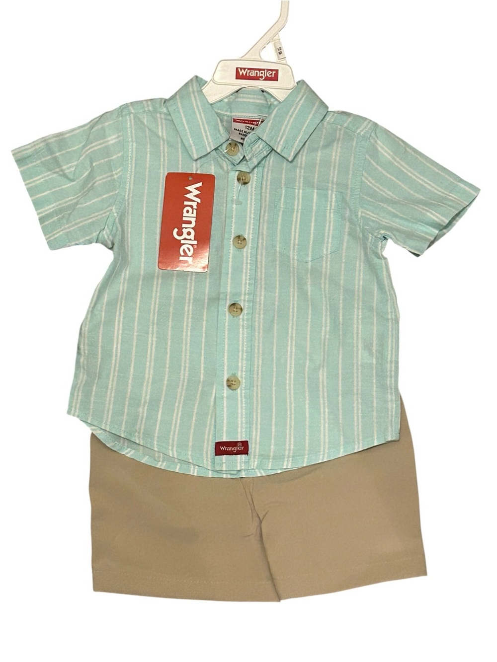 Wrangler Infant 12M 2 Piece Shorts Set Button Up Shirt W/khaki shorts NWT